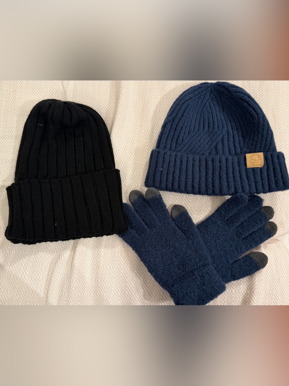 Rib Knit Beanie & Touchscreen Gloves Set - Navy and Black